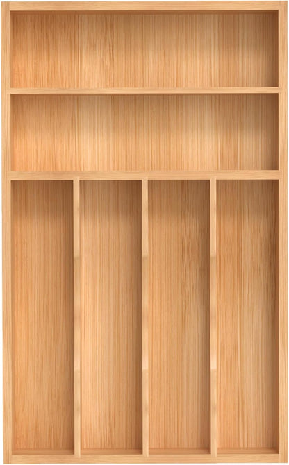 Bamboo Silverware Organizer, Kitchen Drawer Organizer, Utensil Holder, Cutlery Tray & Spoon Flatware Storage with Grooved Drawer Dividers (9.5''W x 13.5''D)