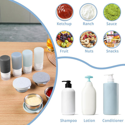 MICEBAY 8-Pack Salad Dressing Container To Go, 2-oz Silicone Small Condiment Squeeze Bottles and 1.6 oz Stainless Steel Sauce Containers Cups, Leakproof Condiment Containers with Lids for Lunch Box