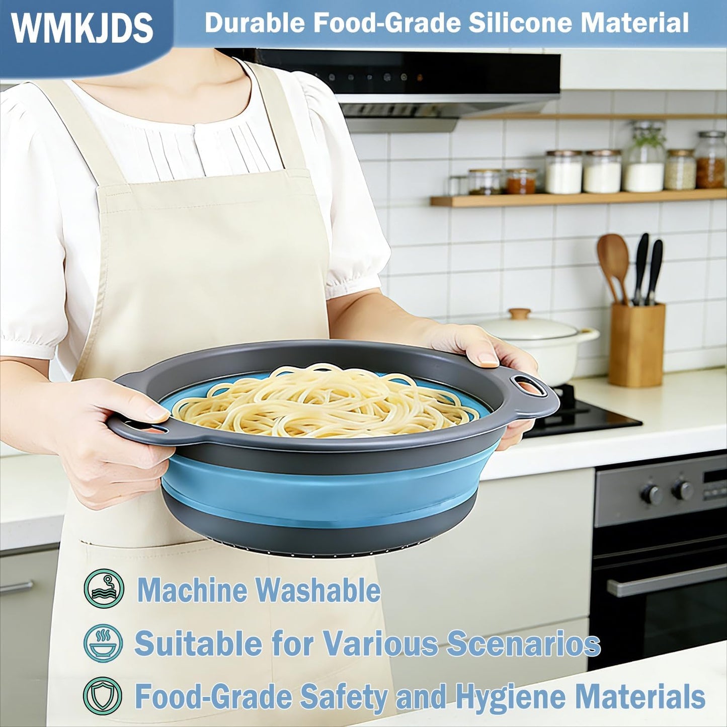 Collapsible Colanders Food Strainers, 3-Pack Foldable Kitchen Strainers with Over-Sink Water Draining Tray, Space Saving Kitchen Drainer for Vegetables, Fruit, Pasta and Rice (White-Gray)
