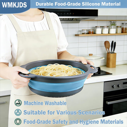 Collapsible Colanders Food Strainers, 3-Pack Foldable Kitchen Strainers with Over-Sink Water Draining Tray, Space Saving Kitchen Drainer for Vegetables, Fruit, Pasta and Rice (White-Gray)