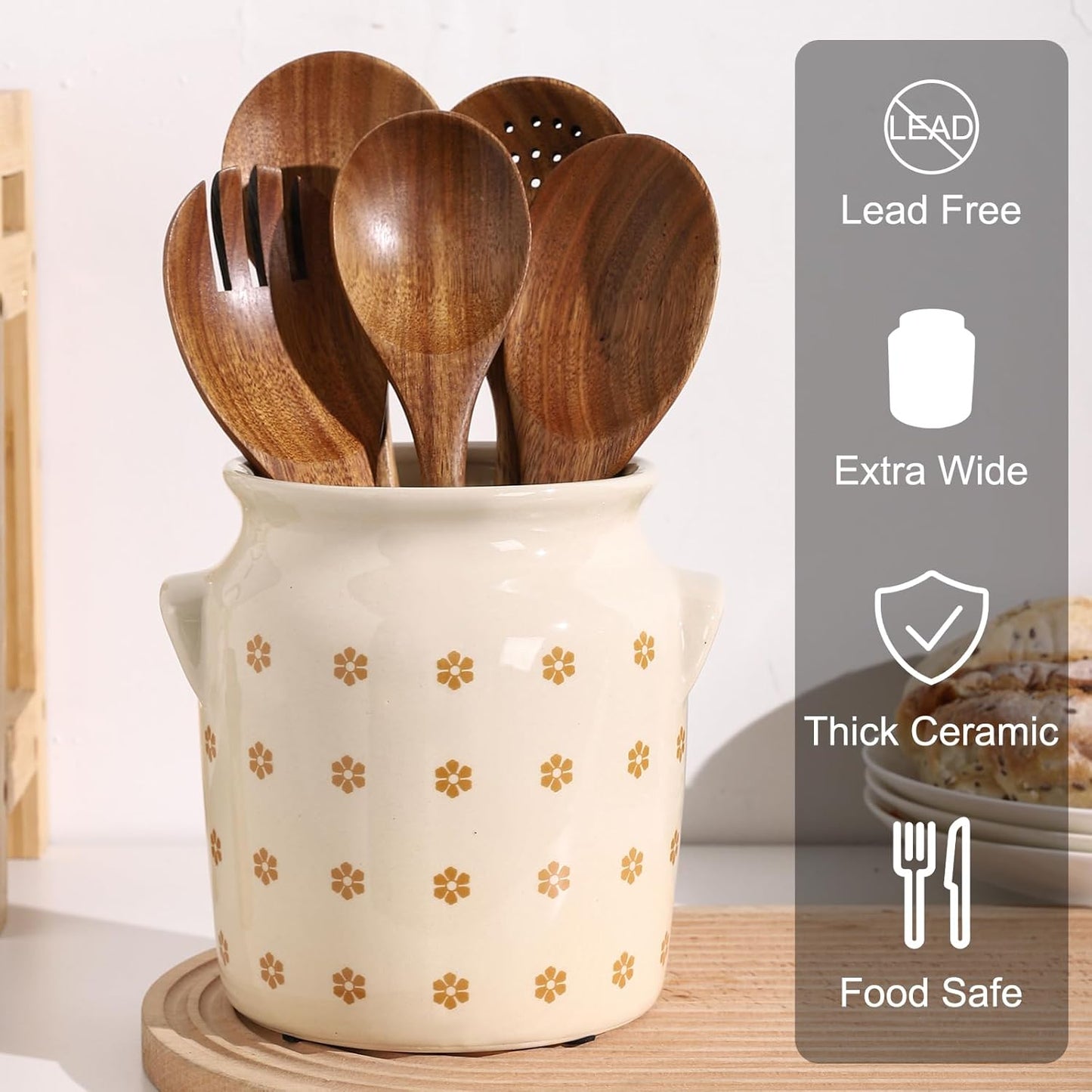 Ceramic Farmhouse Kitchen Utensil Holder for Countertop, Rustic Cooking Utensil Holder Crock Fit for Kitchen Counter. 6*6.8*6.7 IN