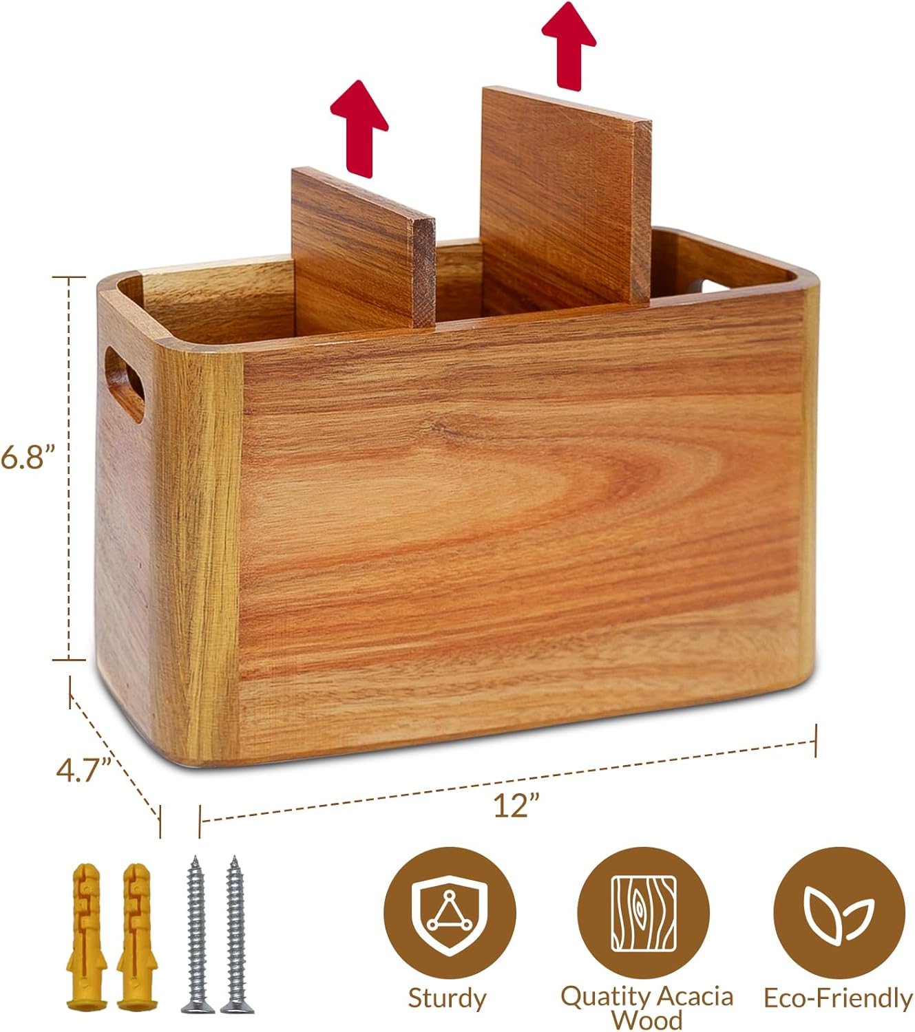 Wooden Kitchen Utensil Holder Organizer for Counter or Countertop, Large Wooden Utensil Holder for Storage Cooking and Silverware with 4 Compartment, Acacia Rustic Wood Container Extra Large