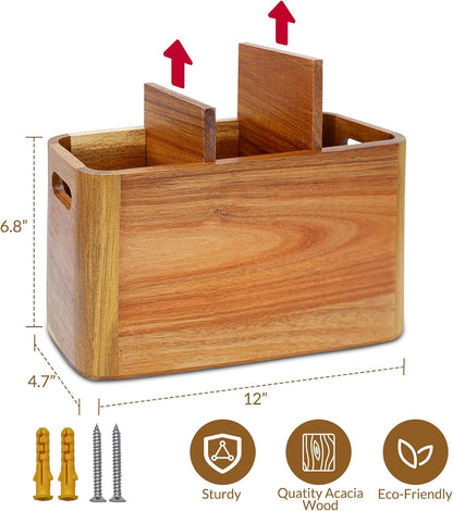 Wooden Kitchen Utensil Holder Organizer for Counter or Countertop, Large Wooden Utensil Holder for Storage Cooking and Silverware with 4 Compartment, Acacia Rustic Wood Container Extra Large