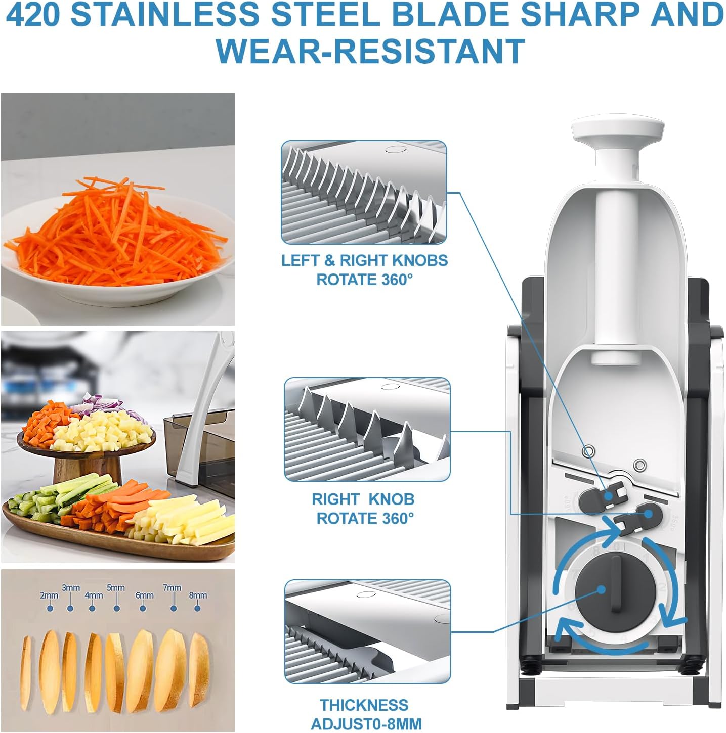 5 in 1 Safe Mandoline Slicer for Kitchen, Safe Vegetable Chopper, Paring Knife, Adjustable Thickness, Easy to Clean, Vegetable Slicer, Slicing, Strips, Shredding, Dicing,Chop (Tropical Orange)