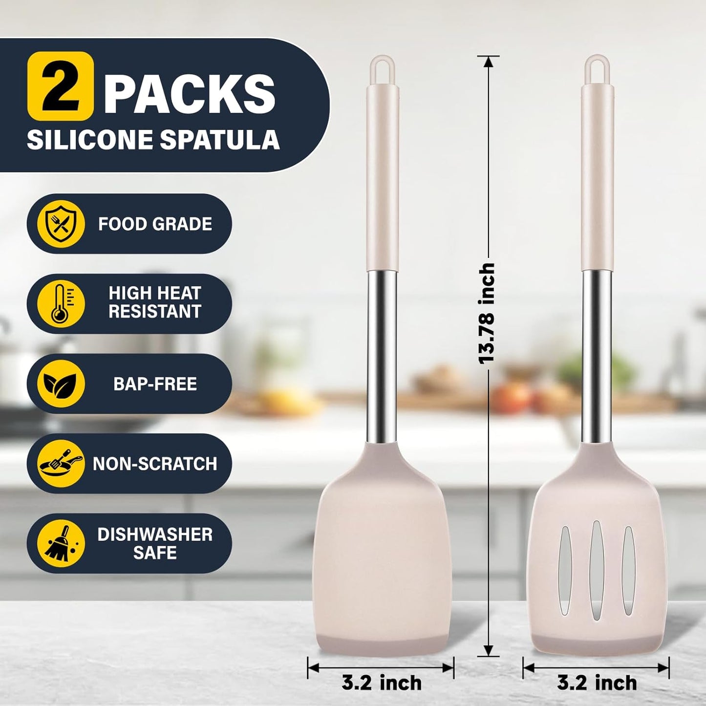 2 Pack Silicone Spatula Set, Solid & Slotted Turner for Non-Stick Pans, High Heat Resistant Silicone Spatula for Cooking, BPA-Free Stainless Steel Cooking Utensils for Fish, Eggs, Pancakes, Black