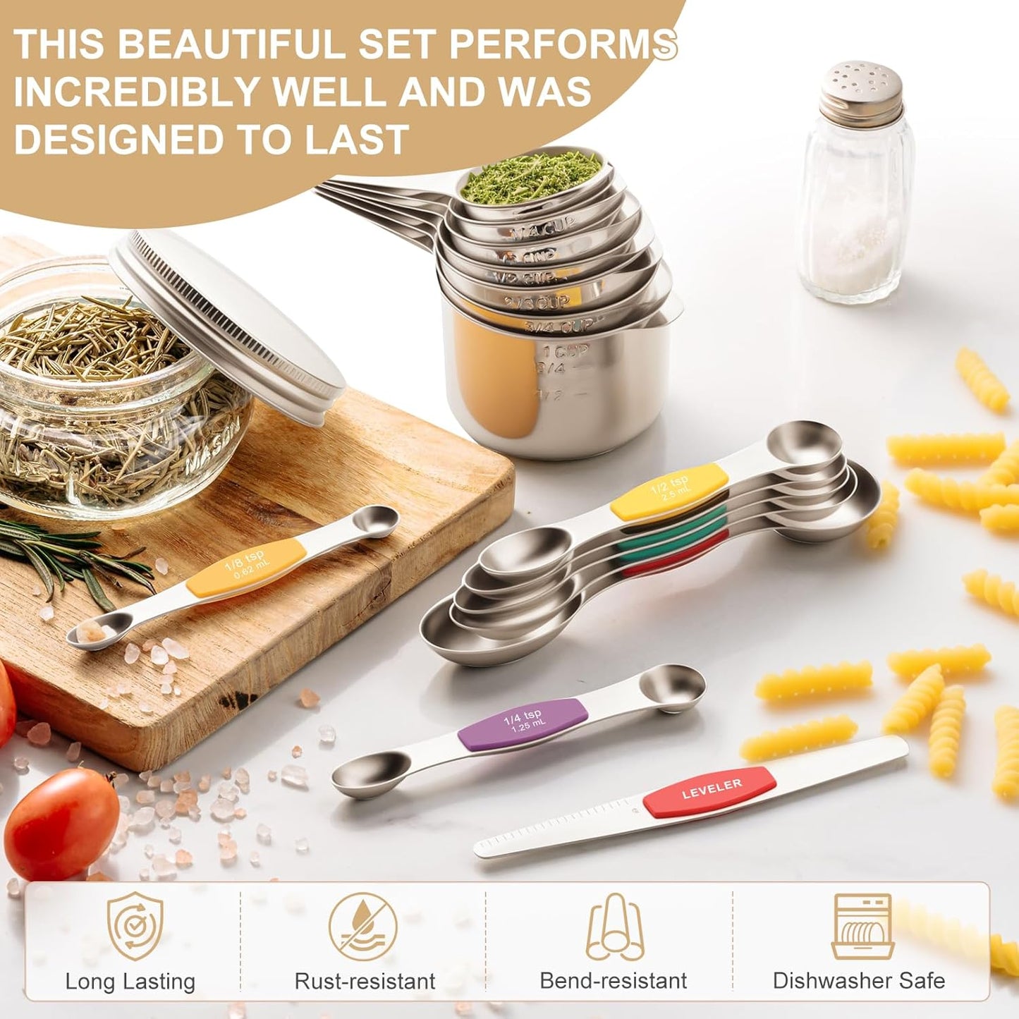 EWFEN Measuring Cups and Spoons Set, 7 Stainless Steel Nesting Measuring Cups & 7 Spoons, 5 Mini Measuring Spoons & 2 Detachable Rings, Kitchen Gadgets for Cooking & Baking, Round