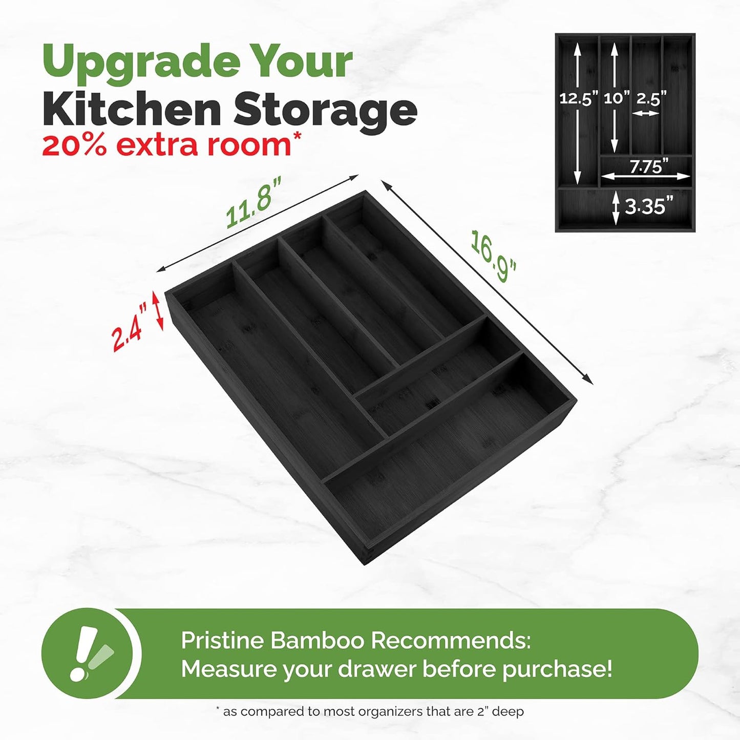 Pristine Bamboo Silverware Organizer - Small Extra-Deep Wooden Kitchen Drawer Organizer Divider for Spoons, Forks, Knives & Cutleries - 5 Slots