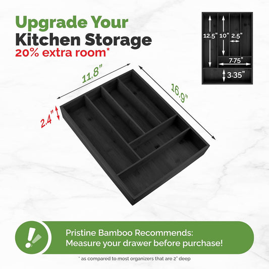 Pristine Bamboo Silverware Organizer - Small Extra-Deep Wooden Kitchen Drawer Organizer Divider for Spoons, Forks, Knives & Cutleries - 5 Slots