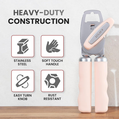 Zulay Kitchen Heavy Duty Stainless Steel Can Opener Manual with Bottle Opener - Rust Proof Manual Can Opener With Turn Knob & Comfy Soft Grip Handles - Black