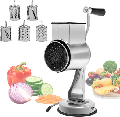 5-In-1 Stainless Steel Rotary Vegetable Cheese Grater Potato Slicer, Countertop Cheese Grater Manual Kitchen Shredder Round Food Chopper with Blades for Cafeterias Restaurants Hotels