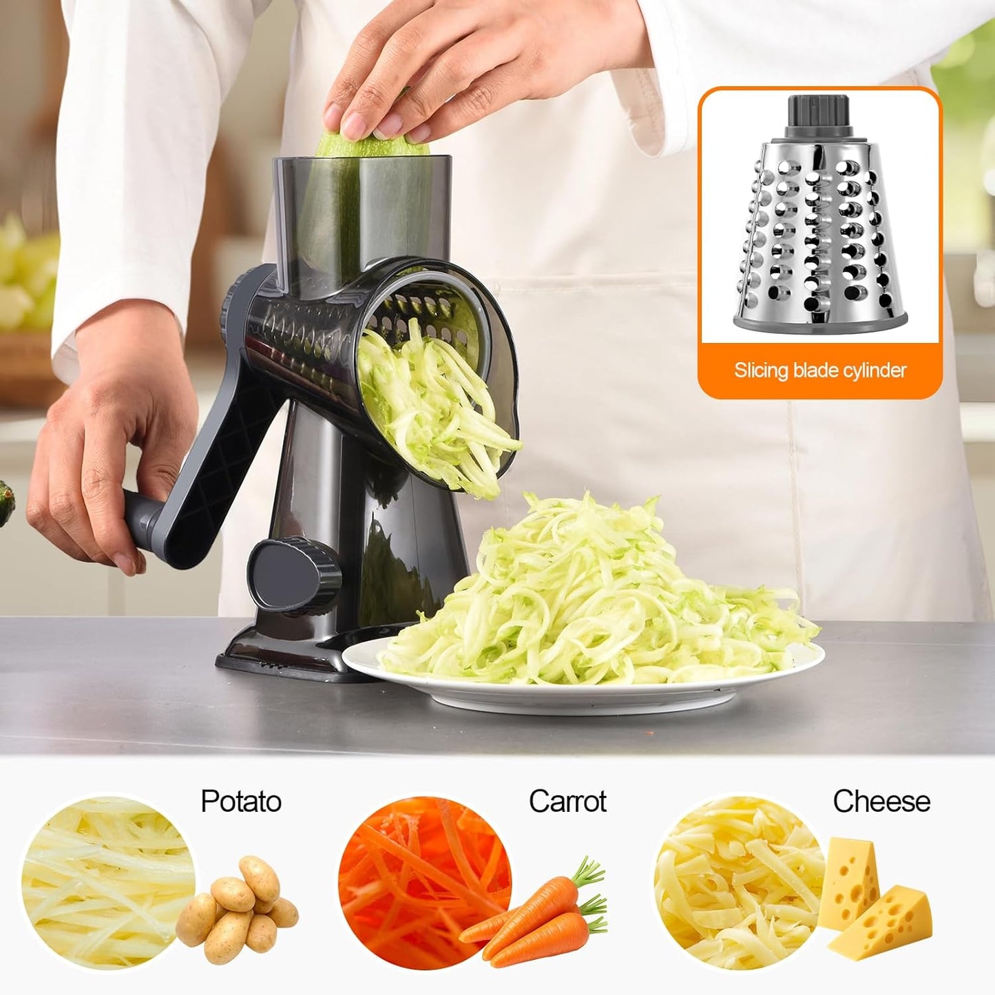 Rotary Cheese Grater Hand Crank with Suction Base, 3-in-1 Cheese Shredder for Cheese, Vegetables & Nuts, Easy to Clean (black)