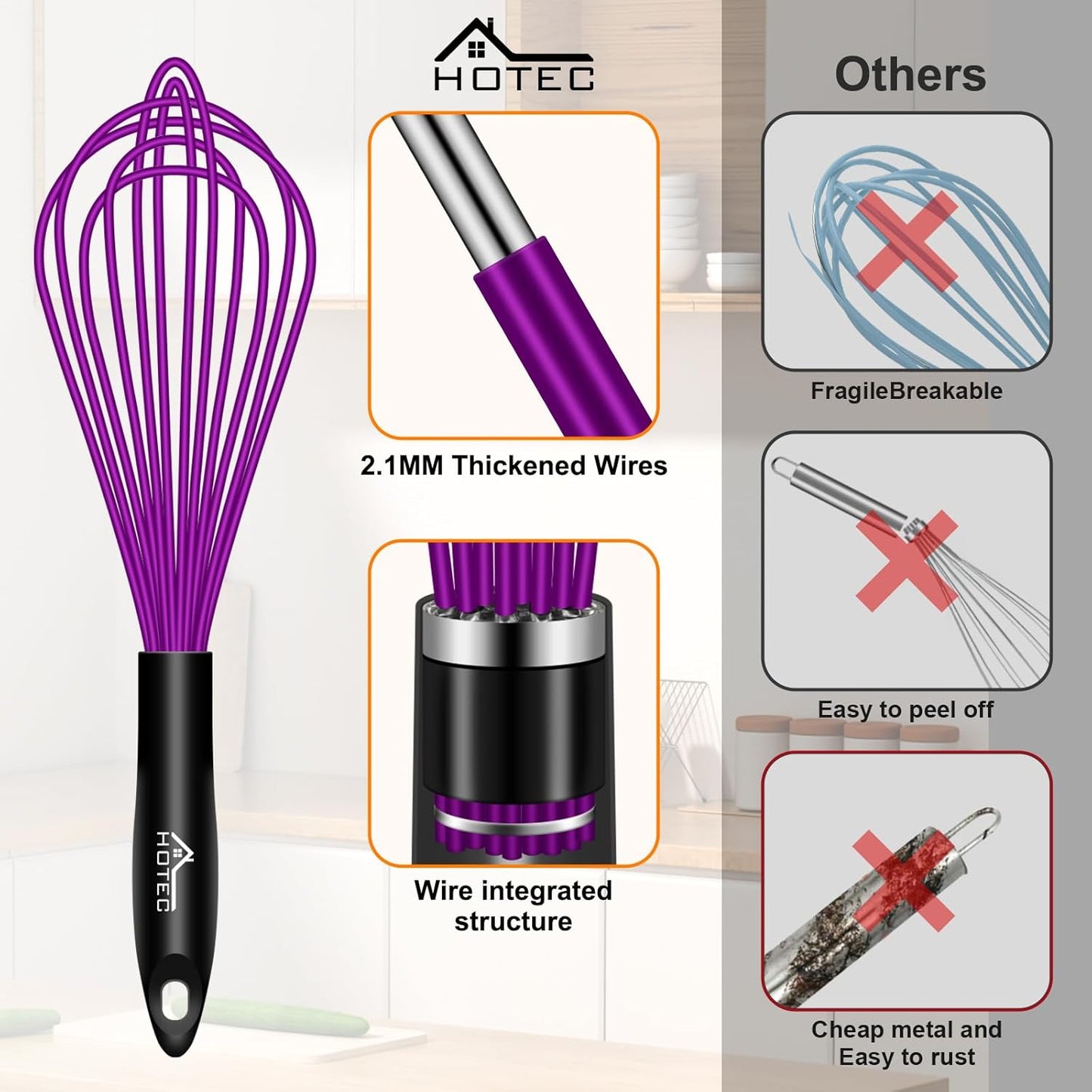 HOTEC 4 Pieces Silicone Whisks Set, Wire Balloon Whisks for cooking Egg Beater, Non-slip Handle Whisk for Non-stick Cookware Perfect for Cooking, Stirring, Beating and Blending (Multicolor)