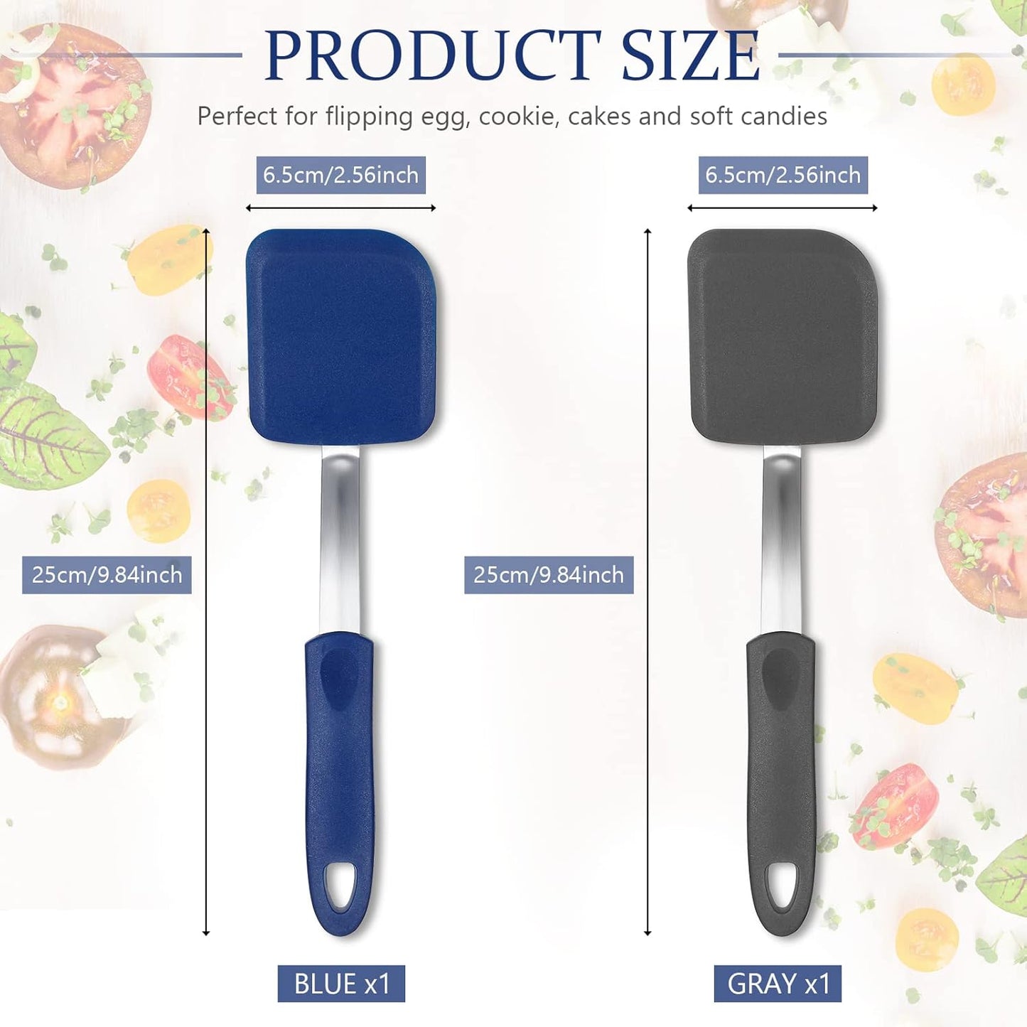 Silicone Cookie Spatula Turner 2 Pack Mini Brownie Spatula Flexible Kitchen Small Silicone Turner for Nonstick Cookware Heat Resistant No Scratch Flipper for Pancake(Solid Flat,Gray, Blue)
