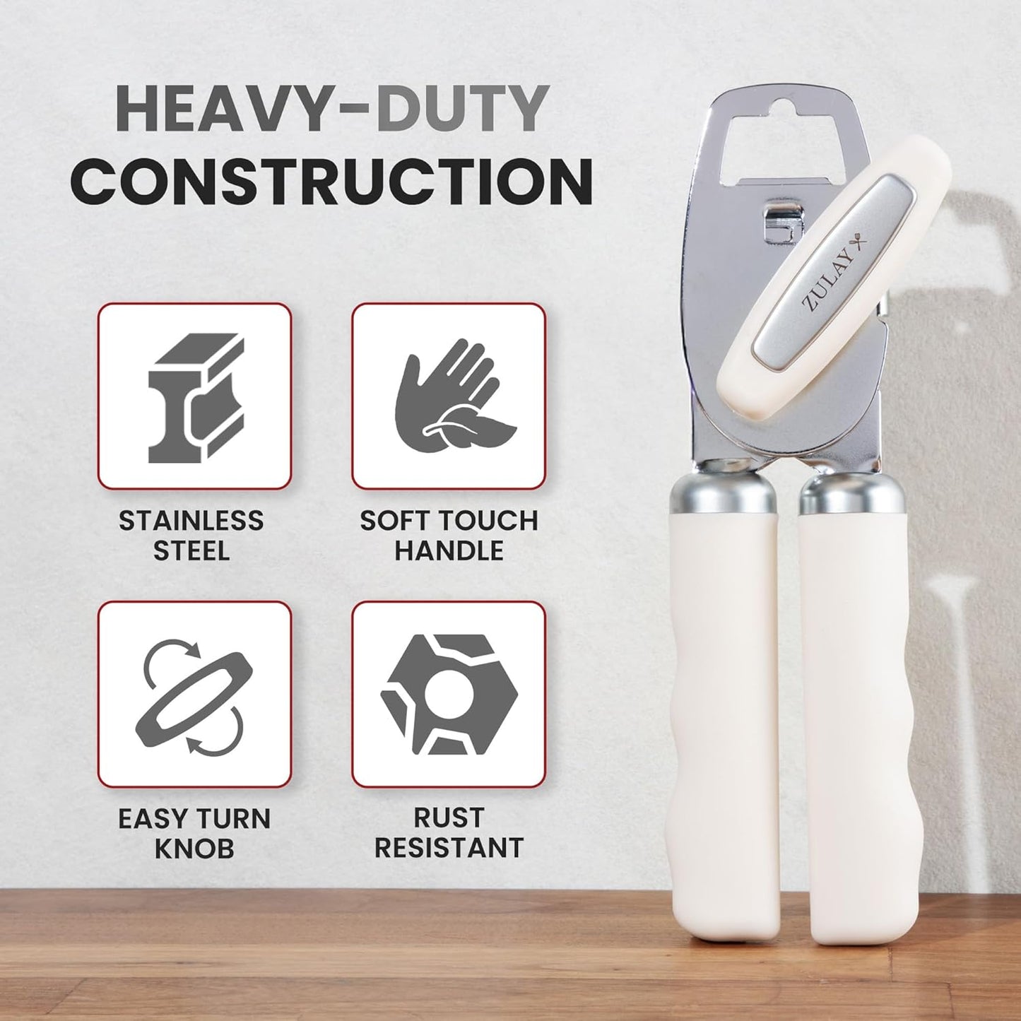 Zulay Kitchen Heavy Duty Stainless Steel Can Opener Manual with Bottle Opener - Rust Proof Manual Can Opener With Turn Knob & Comfy Soft Grip Handles - Cherry Red - Colors B
