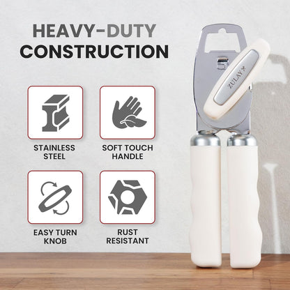 Zulay Kitchen Heavy Duty Stainless Steel Can Opener Manual with Bottle Opener - Rust Proof Manual Can Opener With Turn Knob & Comfy Soft Grip Handles - Black