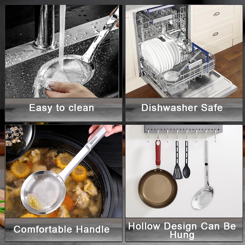 2PCS Stainless Steel Fine Mesh Skimmer, Fat Skimmer Spoon, 2 Sizes Long Handle Hand Held Strainer, Grease Spoon Skimmer For Cooking, Frying, Pasta, Egg, Foam