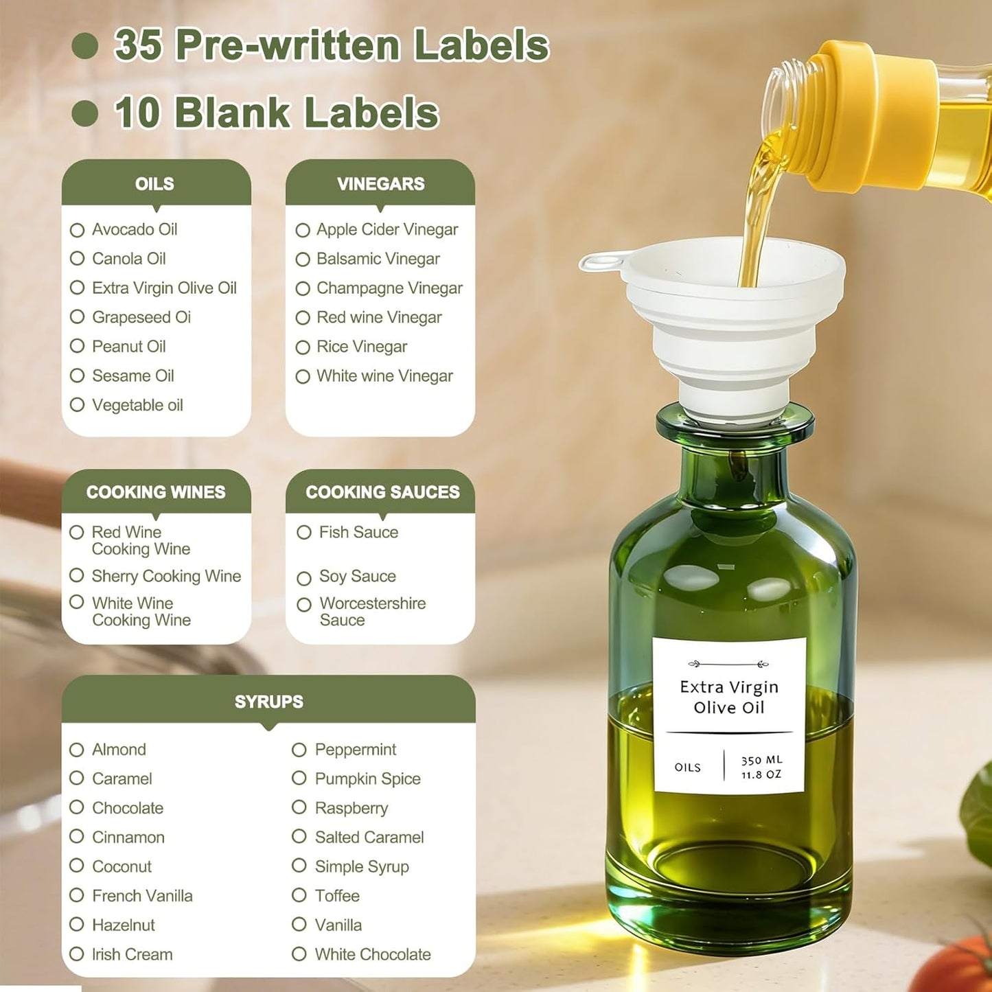 COOLMI Oil Dispenser for Kitchen - 12oz/350ml, Set of 2 Extra Thick Food Grade Glass Olive Oil Dispenser Bottle with Cleaning Brush, Stickers and Funnel (Gold)