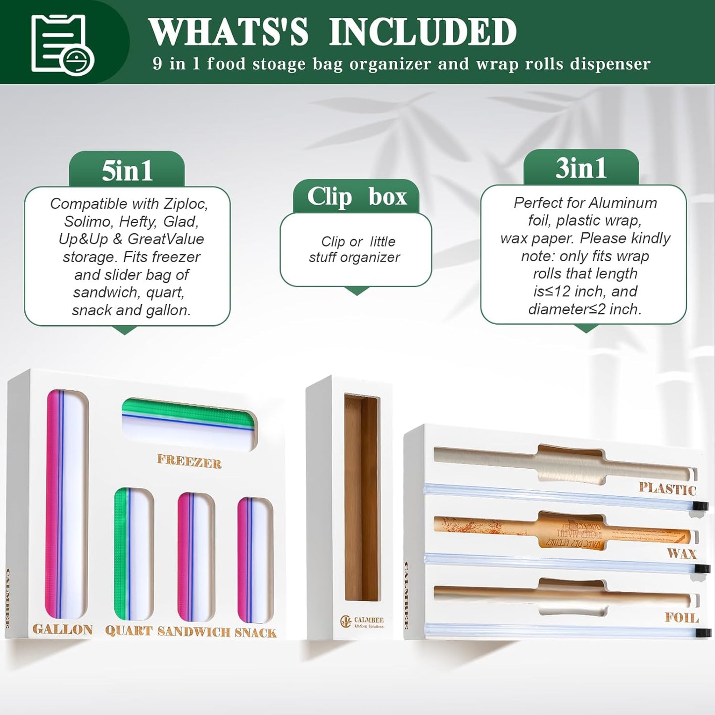 Calmbee 9 in 1 Bamboo Storage Bag Organizer for Kitchen Drawer – Plastic Wrap Dispenser with Cutter & Foil Organizer, Wooden Baggie Organizer for Sandwich, Snack, Gallon, Quart Sizes, Natural