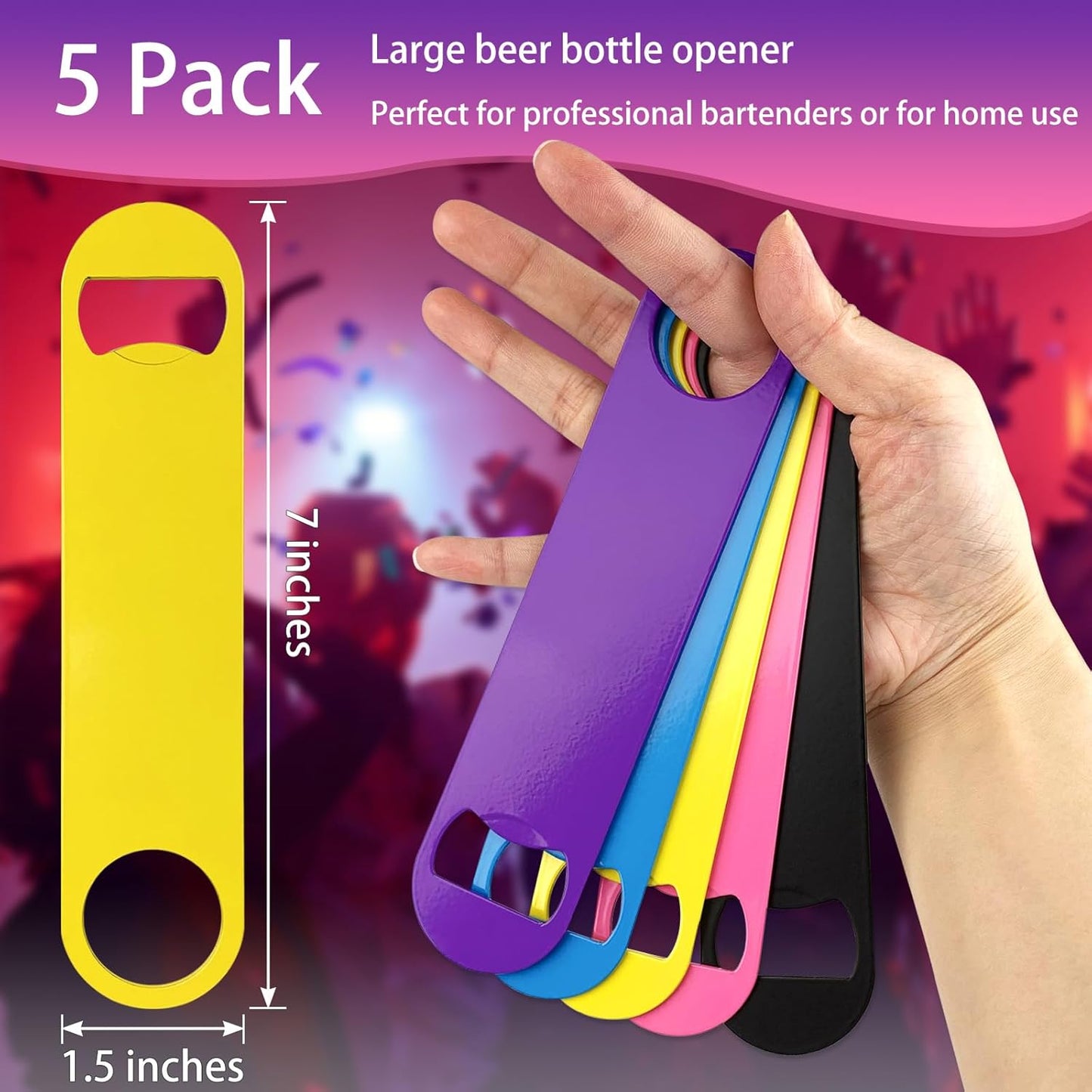 KTOJOY 5 Pack Stainless Steel Colorful Beer Bottle Opener Set, 7 Inch, Large Colorful Design,