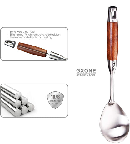 Slotted Spoon,304 Stainless Steel Skimmer Spoon with Heat Resistant Wooden Handle,Silver/15.8Inch