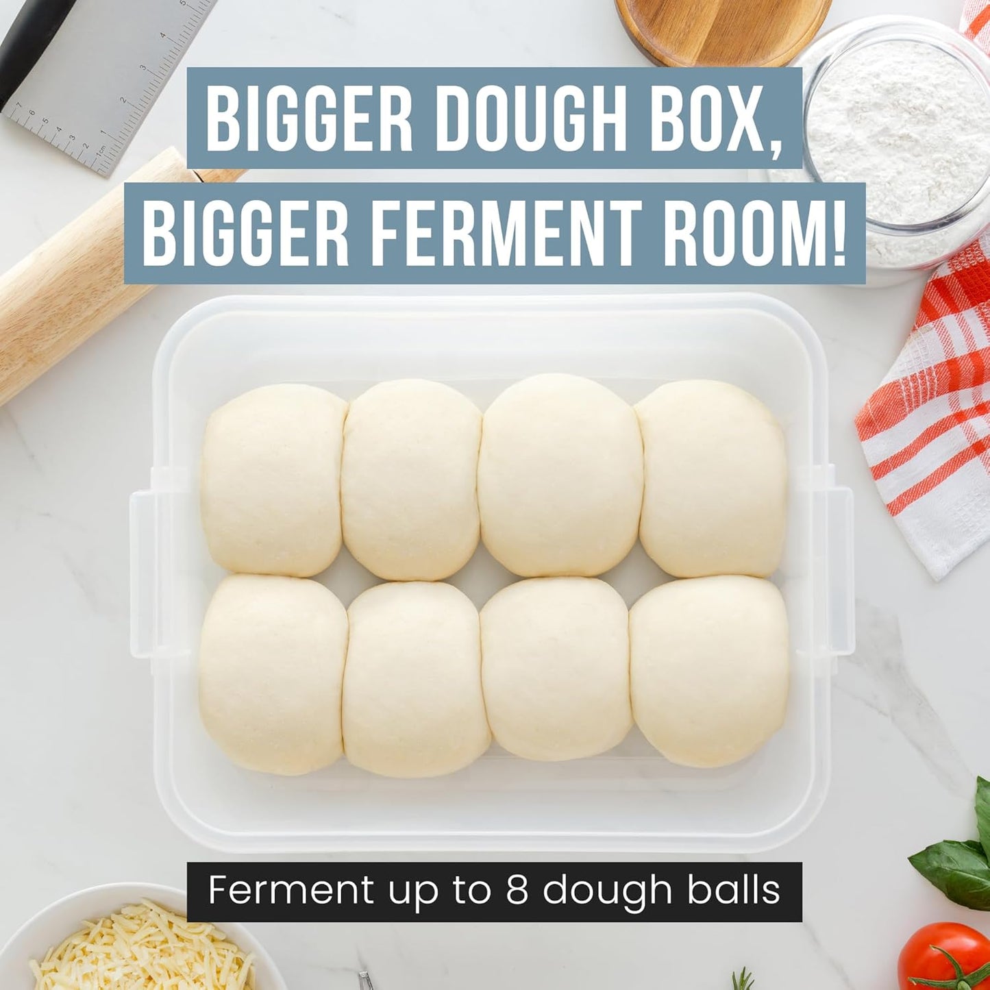 Chef Pomodoro Pizza Dough Proofing Box, 14 x 11-Inch, Preparation Container with Lid, Fits 4-6 Proofing Balls, Household Pizza and Bread Dough Tray With Convenient Carry Handle (Blue)