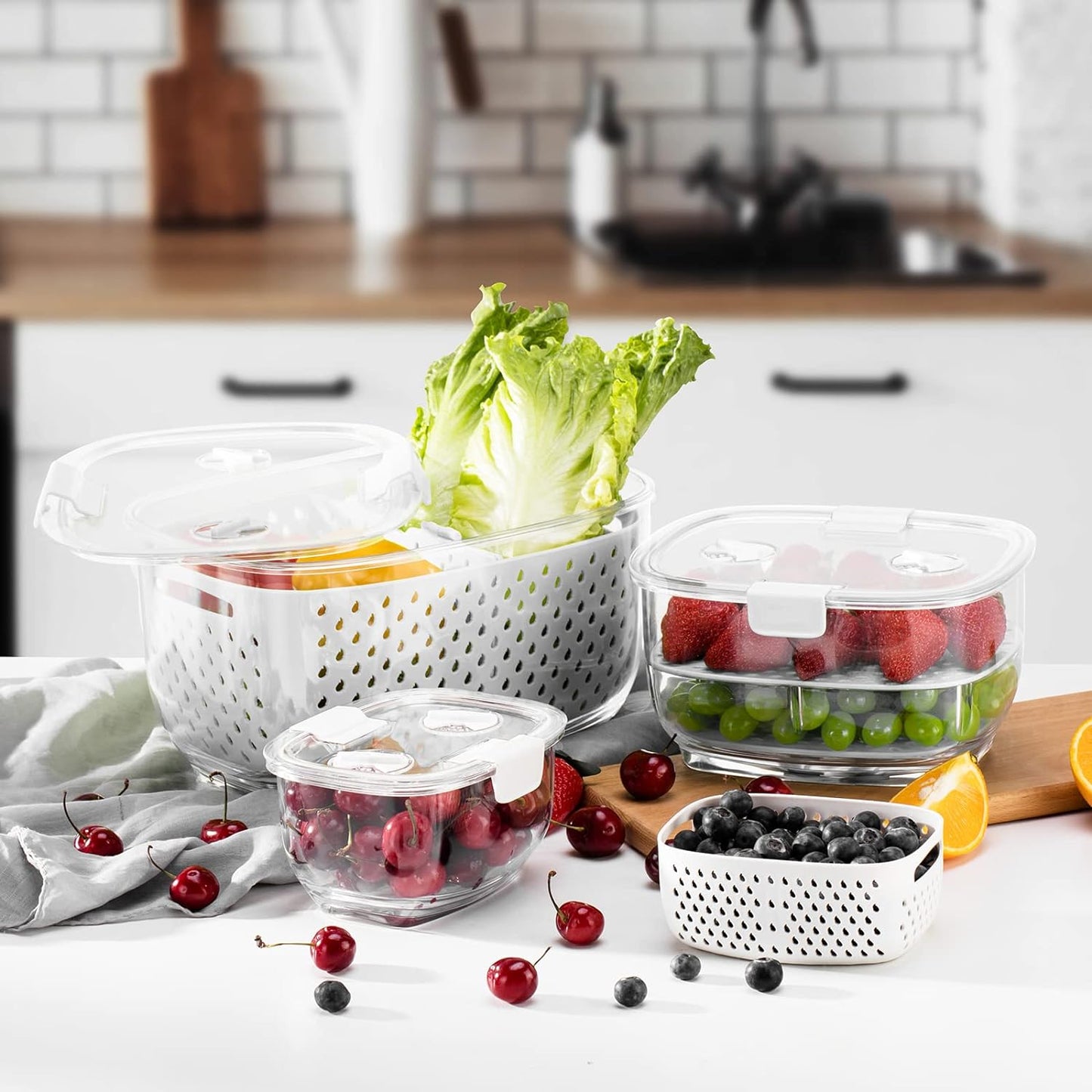 LUXEAR Fresh Produce Vegetable Fruit Storage Containers 3Piece Set, BPA-free Fridge Storage Container, Partitioned Salad Container, Fridge Organizers, Used in Storing Fruits Vegetables, Green