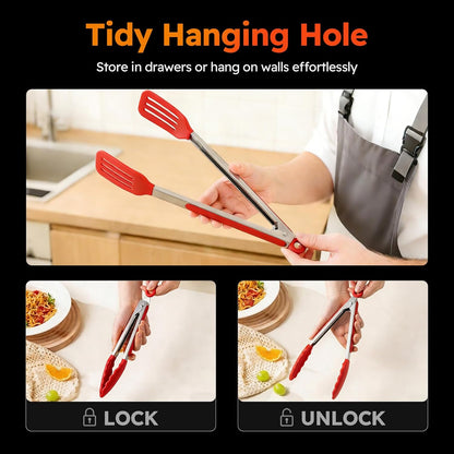 HST 3 Pack Kitchen Tongs, Non Stick Stainless Steel 9 Inch Tongs With Silicone Tip for Cooking BBQ Baking(Red)