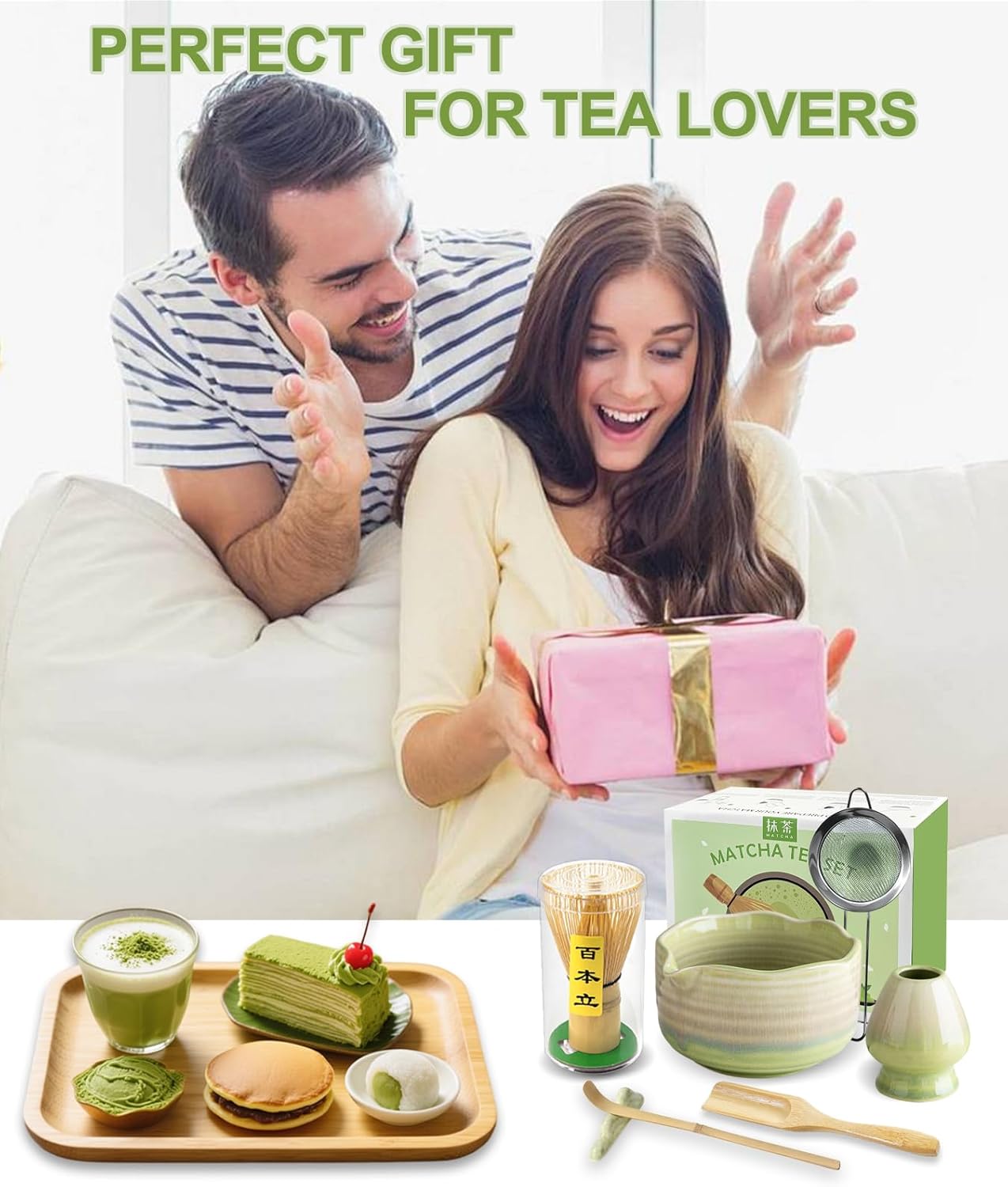 JBER Matcha Whisk Set, Ceramic Matcha Set Includes Bowl & Holder, Bamboo Whisk (Chasen), Sifter, Scoop, Spoon & Rest - 7PCS Matcha Kit Gift for Matcha Lovers & Beginners, Gradient Pink
