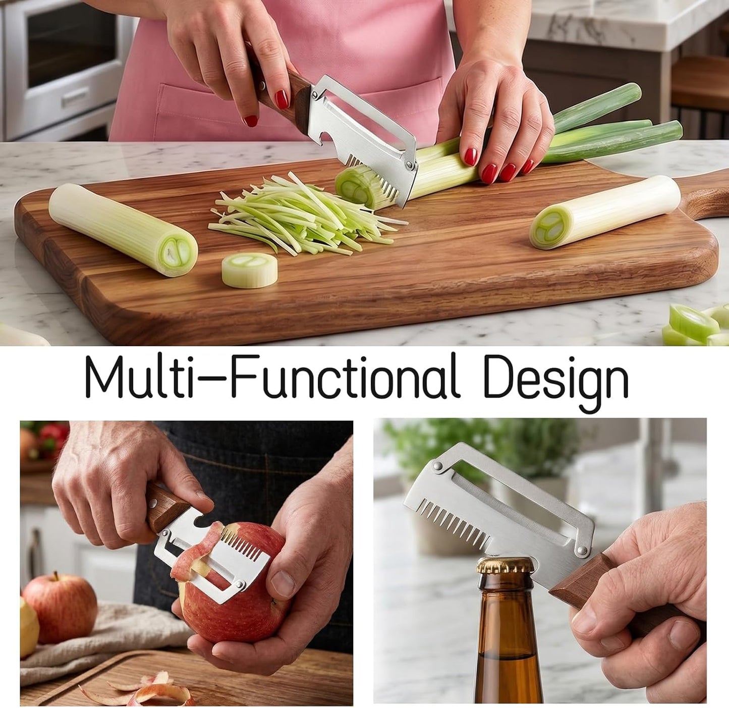3 in 1 Vegetable Peeler for Kitchen with Wood Handles, Stainless Steel Blade and Bottle Opener - Multi-Functional Julienne Peeler for Fruit, Orange, Potato, Carrot, Green Onion
