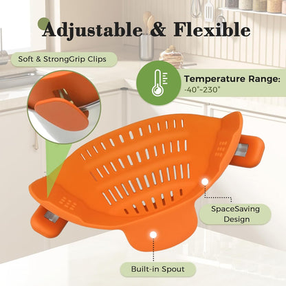 Clip-On Silicone Strainer for Pots, Heat-Resistant Handsfree Pasta & Vegetable Colander, Space-Saving Kitchen Gadget for Noodles, Veggies & Berries (Grey)
