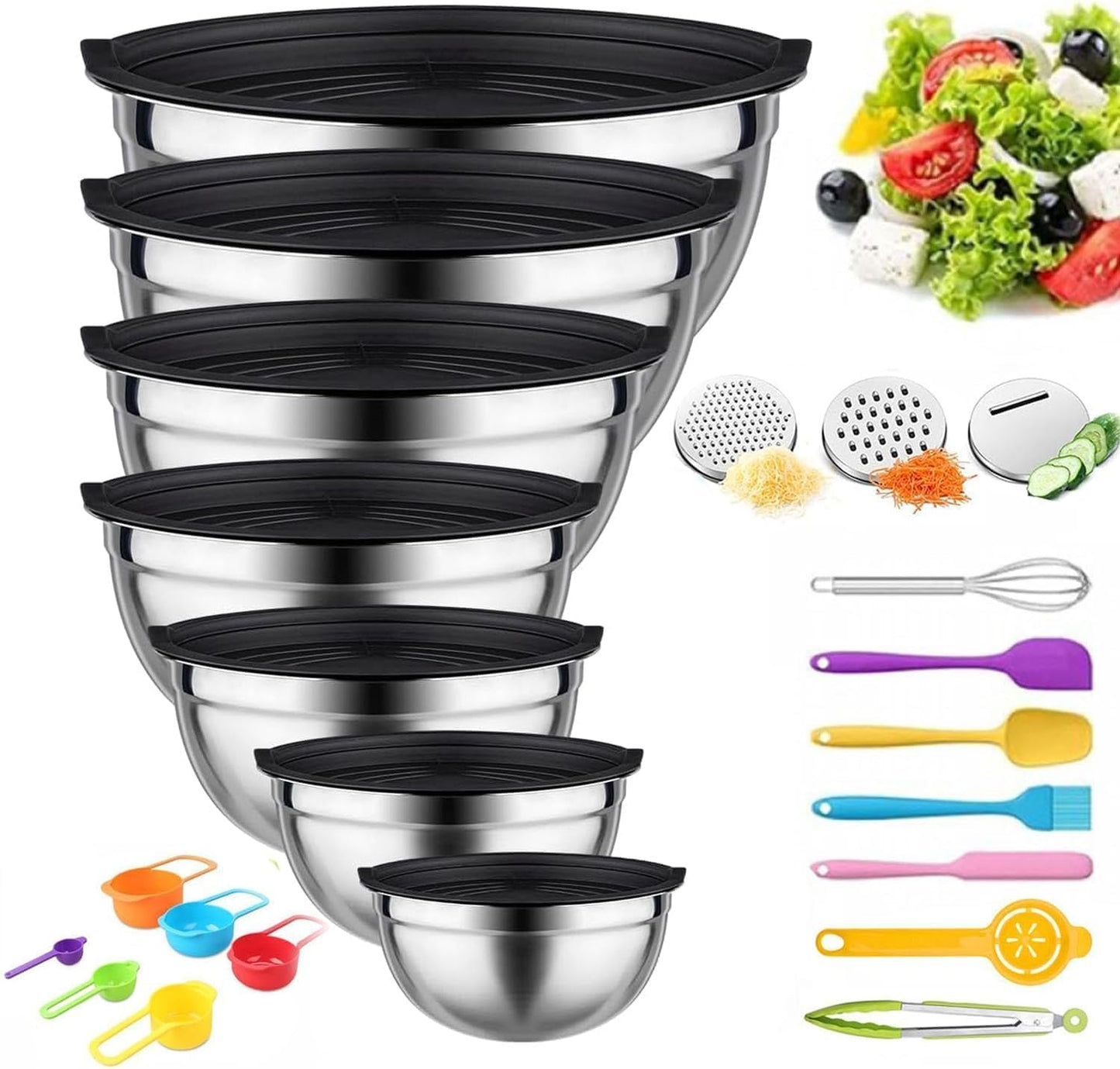 Mixing Bowls with Lids Set, Stainless Steel, 7 Sizes (0.7-4.5QT), with 3 Grater Attachments, Nesting, Dishwasher Safe, for Cooking, Baking and Serving (Colorful-7 Sizes)