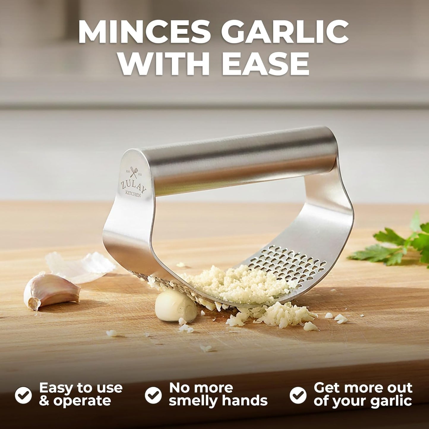 Zulay Kitchen Premium Garlic Press Set - Rust Proof Professional Garlic Mincer Tool - Easy-Squeeze, Easy-Clean with Soft, Ergonomic Handle - Silicone Garlic Peeler & Brush (Silver)