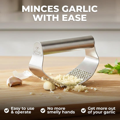 Zulay Kitchen Premium Garlic Press Set - Rust Proof Professional Garlic Mincer Tool - Easy-Squeeze, Easy-Clean with Soft, Ergonomic Handle - Silicone Garlic Peeler & Brush (Silver)