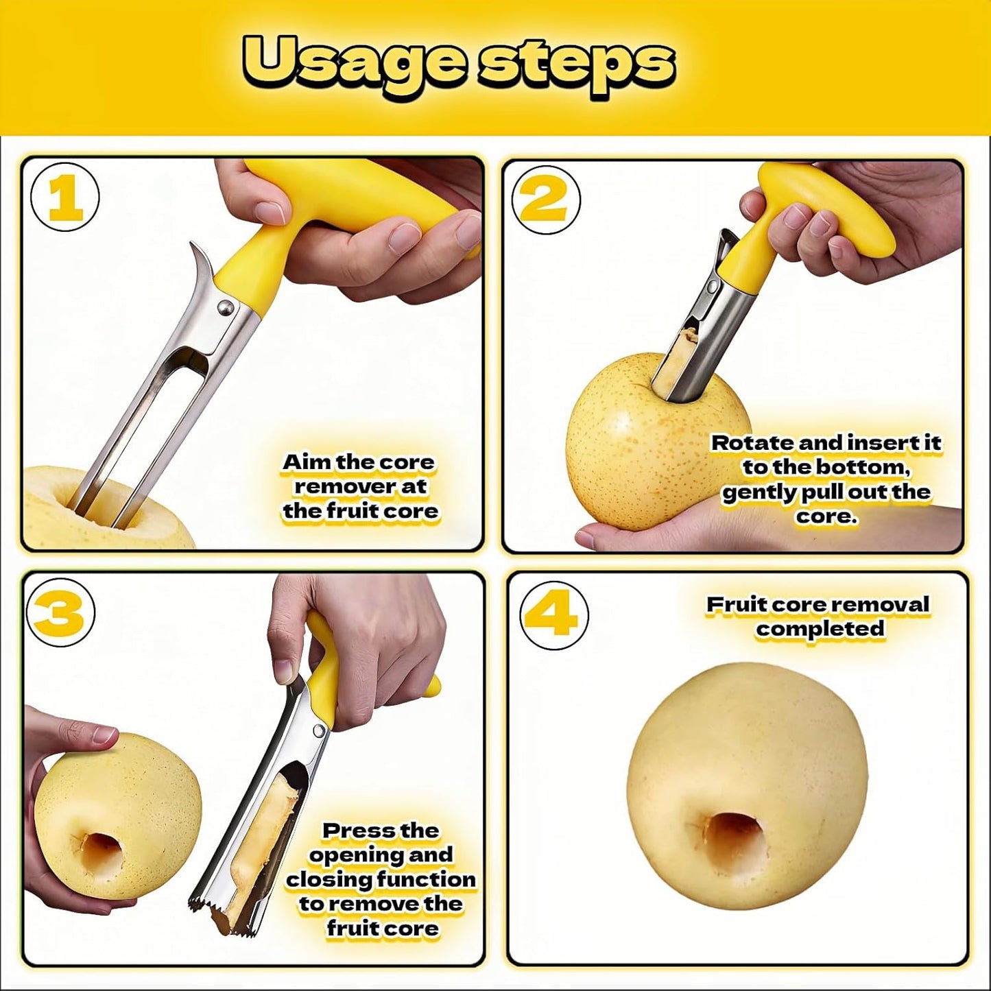 Apple Corer, Stainless Steel Apple Corer and Divider with Sharp Serrated Blade – Easy to Use – Core Remover Tool for Apples, Pears, Cupcakes – Heavy-Duty Kitchen Gadget for Baking, Cooking (Yellow)