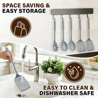 5Pcs Silicone Cooking Utensils Set, Heat Resistant Kitchen Tools Include Solid&Slotted Spatula, Cooking Spoon and Pasta Server, Silicone Kitchen Utensils set for Nonstick Cookware Flipping, Black