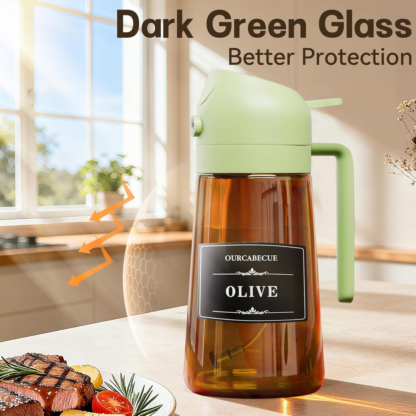OURCABECUE 2 in 1 Olive Oil Sprayer for Cooking, 16oz/470ml Light-Blocking Dark Olive Oil Dispenser Bottle for Kitchen, Food-Grade Glass Oil Mister with 8 Oil Stickers
