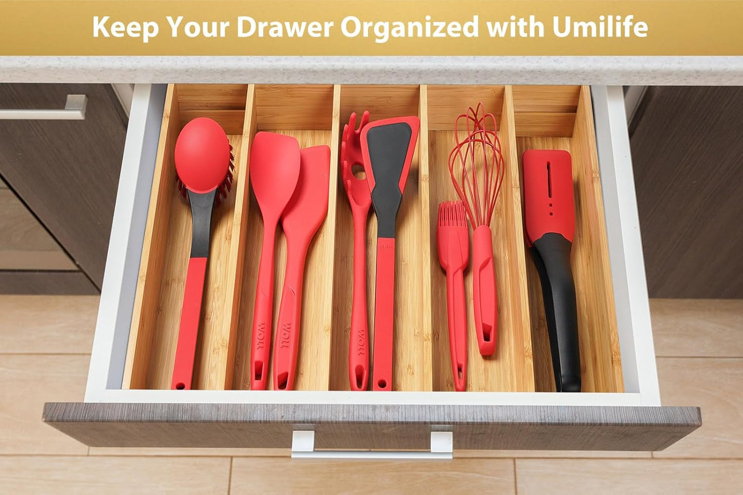 Umilife Large Expandable Kitchen Silverware Utensils Drawer Organizer, 2.5" Extra High Adjustable Drawer Divider with Curved Grooves, Bamboo Wood Cutlery Tray Flatware Holder