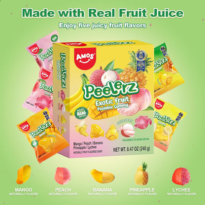 AMOS Peelerz Peelable Gummy Candy Variety Pack, Mango White Peach Banana Green Apple Passion Fruit Lychee, Soft Chewy Fruit Snack, Pack of 6