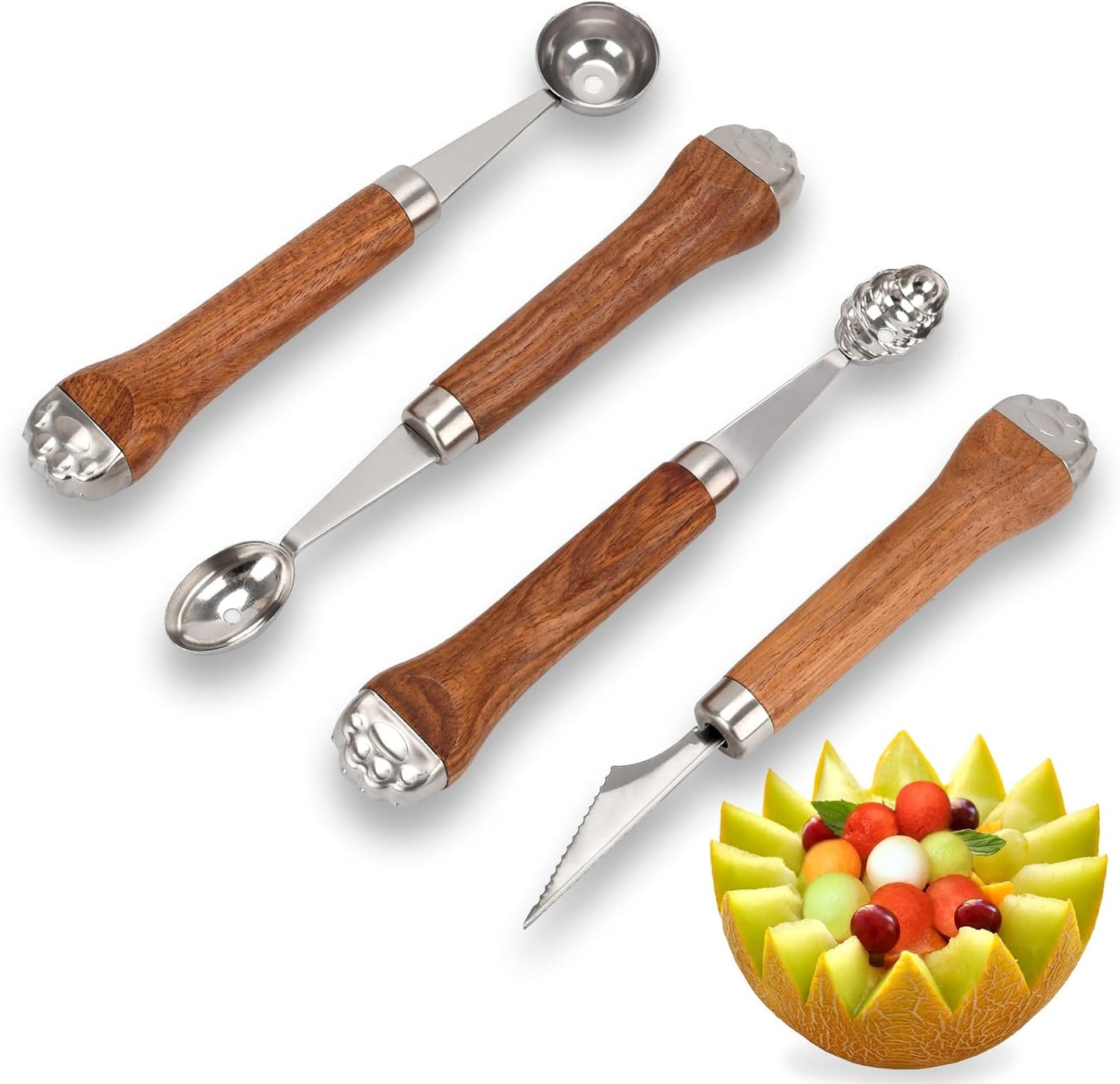 4 Pack Melon Baller Scoop-Melon Baller-Fruit Spoon-Wooden Handle Grapefruit Spoons
