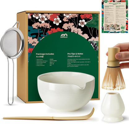 Matcha Whisk Set, Ceramic Bowl Matcha Kit & Handcrafted Bamboo Chasen, Complete 5 Pcs Matcha Set Whisk and Bowl, Stainless Steel Sifter, Bamboo Scoop & Holder for Matcha Lovers