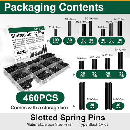Mrdilla 460 Pcs Roll Pin Assortment, Metric Slotted Spring Pins, M1.5 M2 M2.5 M3 M4 M5 M6