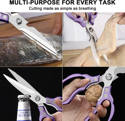CGBE Kitchen Scissors, Multi-Purpose Kitchen Shears, Heavy Duty Dishwasher Safe Food Scissors for Chicken, Poultry, Fish, Meat & Herbs with Non-Slip Grips - Sliver