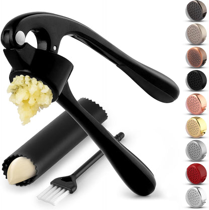 Zulay Kitchen Premium Garlic Press Set - Rust Proof Professional Garlic Mincer Tool - Easy-Squeeze, Easy-Clean with Soft, Ergonomic Handle - Silicone Garlic Peeler & Brush (Silver)