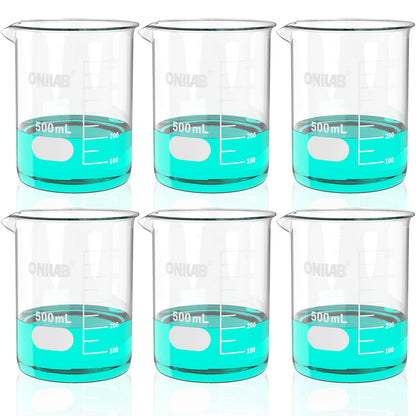 ONiLAB Glass Measuring Beaker Set 50ml 100ml 250ml 500ml 1000ml(Pack of 5) 3.3 Boro Griffin Low Form with Printed Graduation Scientific Glassware for Laboratories, Classrooms or Home Use