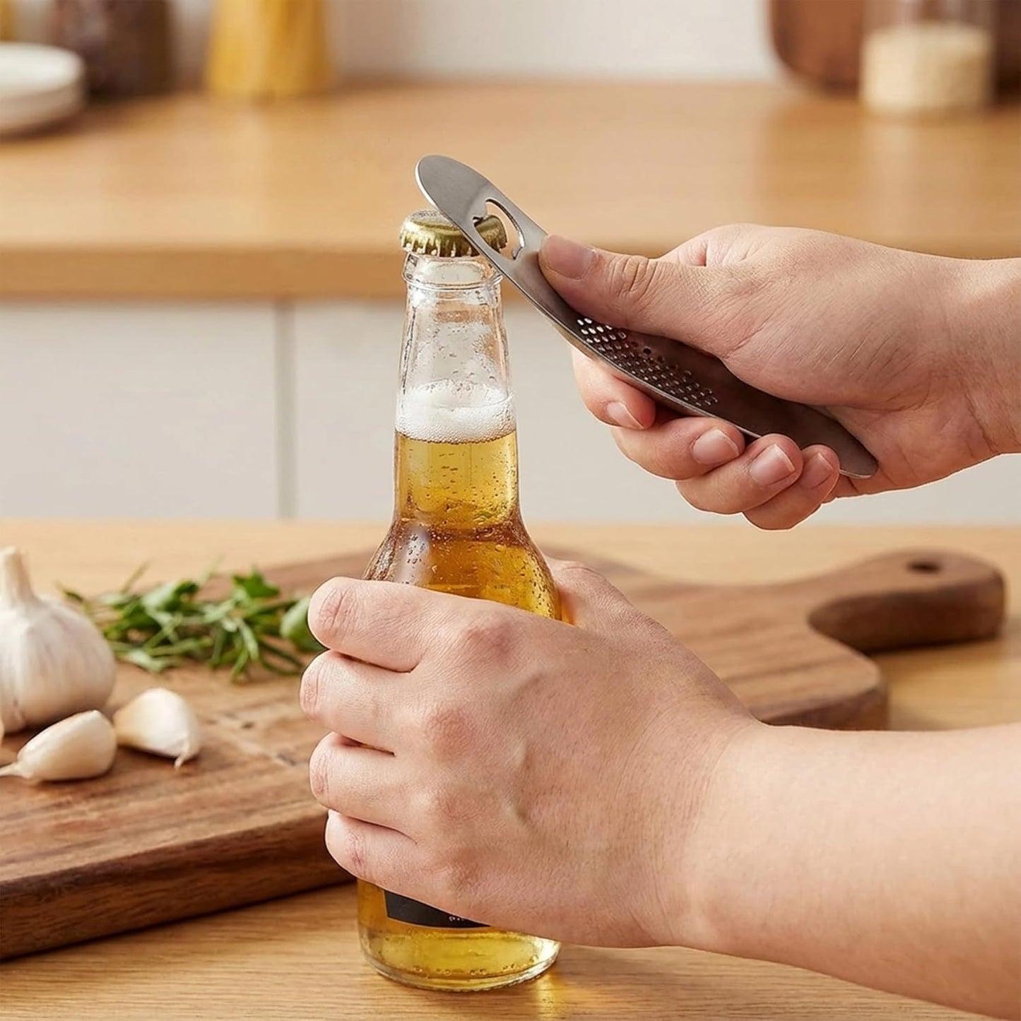 Garlic Press Rocker Stainless Steel, Manual Garlic Mincer Crusher with Silicone Peeler Set, Heavy Duty Ginger Smasher with Bottle Opener for Kitchen, Dishwasher Safe, Silver & Black