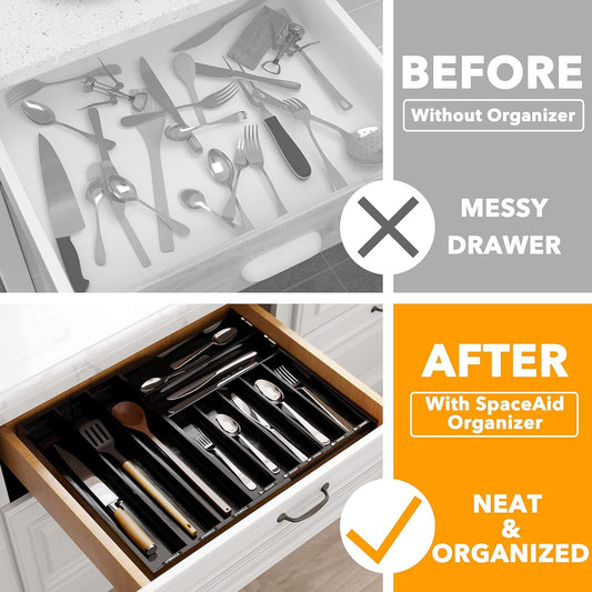 SpaceAid Bamboo Silverware Drawer Organizer with Labels, Kitchen Utensil Expandable Tray Holder Organizer for Flatware, Cutlery, Spoon and Knives Drawer Storage Organization (Natural, 10 Slots)