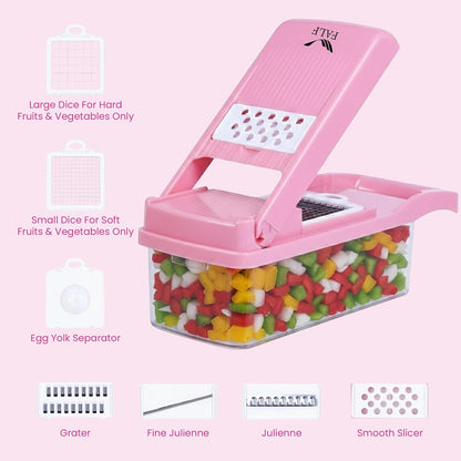 16-in-1 Vegetable Chopper & Mandoline Slicer with Container, Multifunctional Food Chopper, Onion Dicer & Grater for Potato, Carrot, Garlic and Salad, Kitchen Gadgets & Essentials (Pink)
