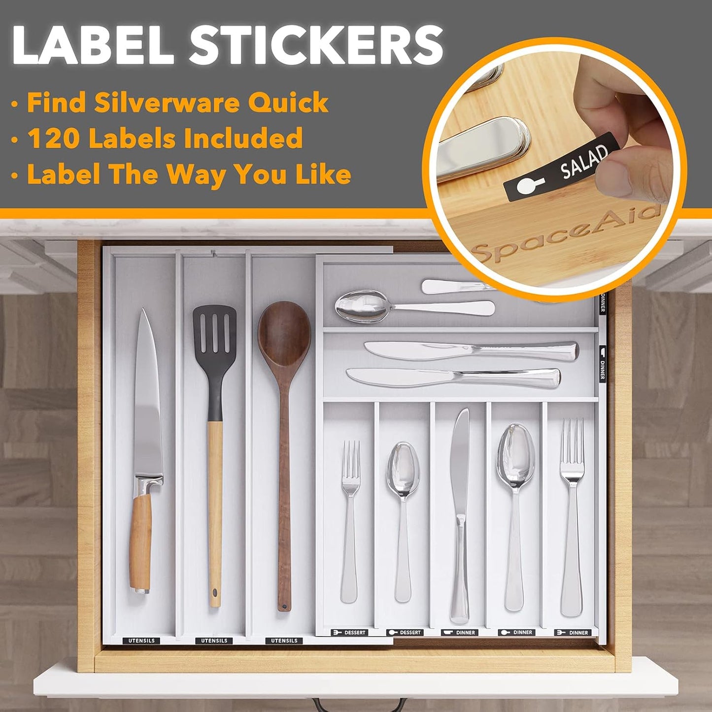 SpaceAid Bamboo Silverware Drawer Organizer with Labels, Kitchen Utensil Expandable Tray Holder Organizer for Flatware, Cutlery, Spoon and Knives Drawer Storage Organization (Natural, 10 Slots)