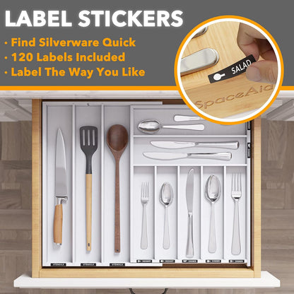 SpaceAid Bamboo Silverware Drawer Organizer with Labels, Kitchen Utensil Expandable Tray Holder Organizer for Flatware, Cutlery, Spoon and Knives Drawer Storage Organization (Natural, 10 Slots)