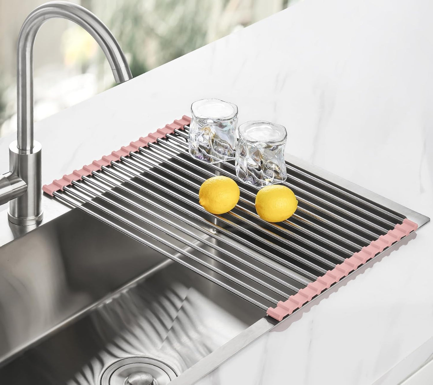 Tomorotec 17.7" x 15.5" Roll Up Dish Drying Rack Over Sink Drying Rack Sink Cover Kitchen Sink Accessories Gadget Multipurpose Organizer Foldable Stainless Steel Drainer